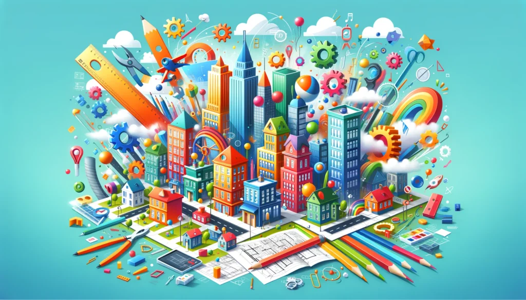 What is Revit used for in architectural design? A colorful representation of architectural tools and creativity.